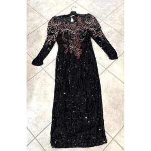 VTG 90s Niteline Dress Women Sz‎ 6 Black Silk All Sequin Floral Beaded Maxi Gown